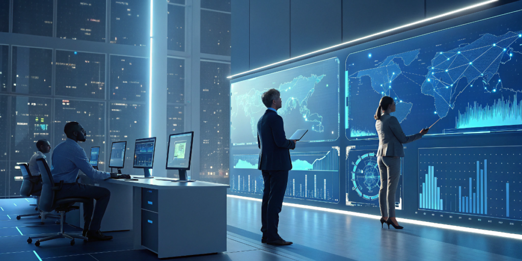 A futuristic business setting where artificial intelligence assists in digital marketing analytics and customer engagement