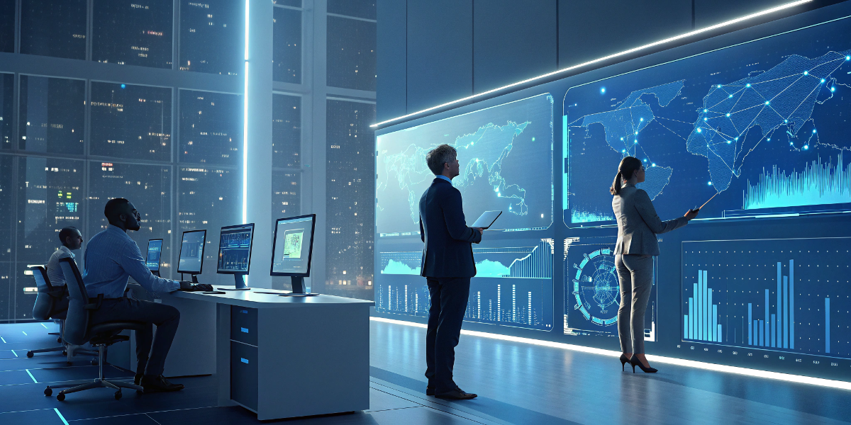 A futuristic business setting where artificial intelligence assists in digital marketing analytics and customer engagement